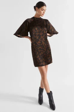 Seed Heritage Dresses-Abstract Mock Neck Mini Dress Hot Chocolate Abstract