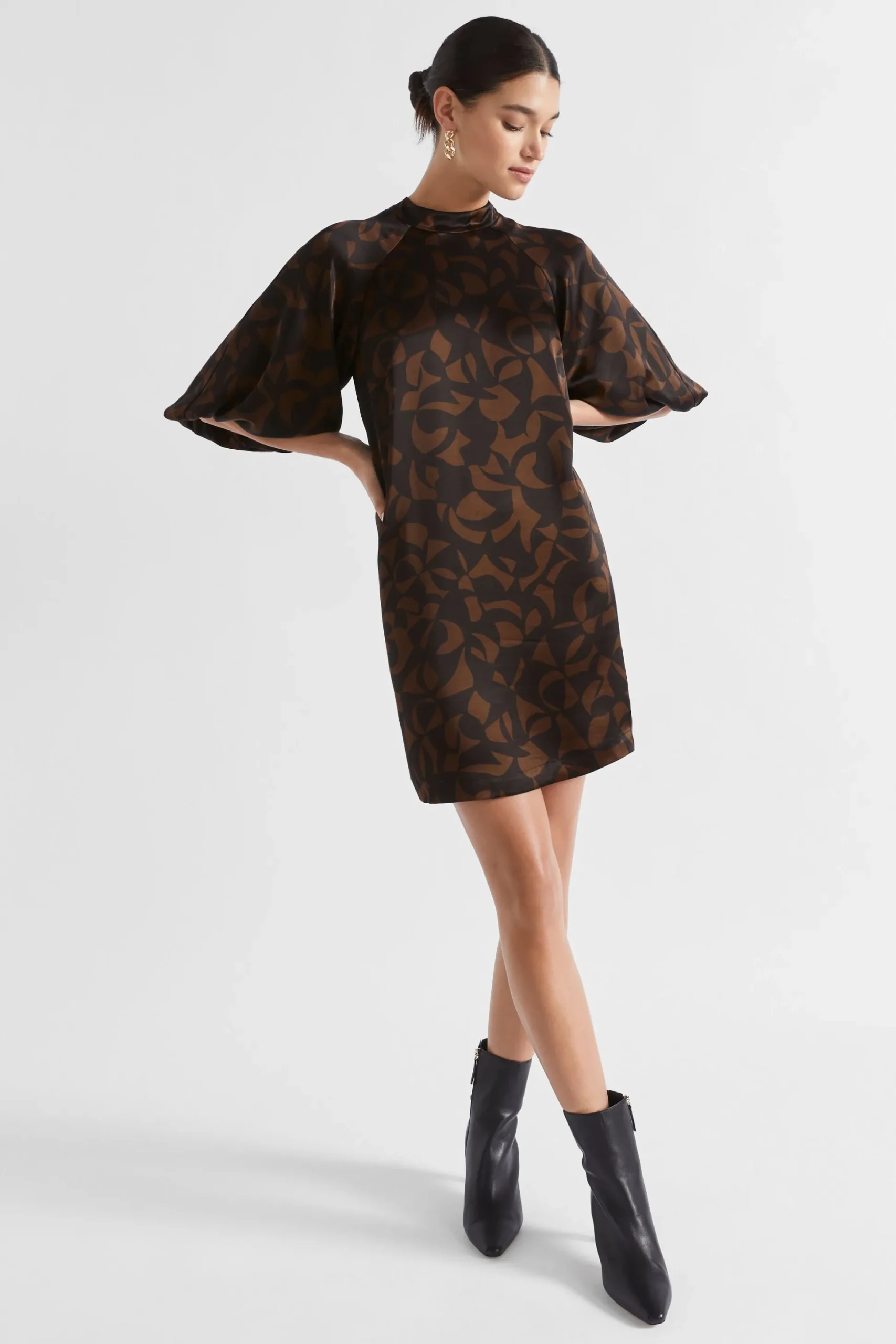 Seed Heritage Dresses-Abstract Mock Neck Mini Dress Hot Chocolate Abstract