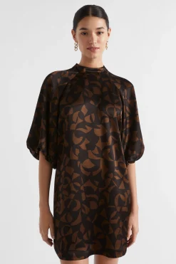 Seed Heritage Dresses-Abstract Mock Neck Mini Dress Hot Chocolate Abstract