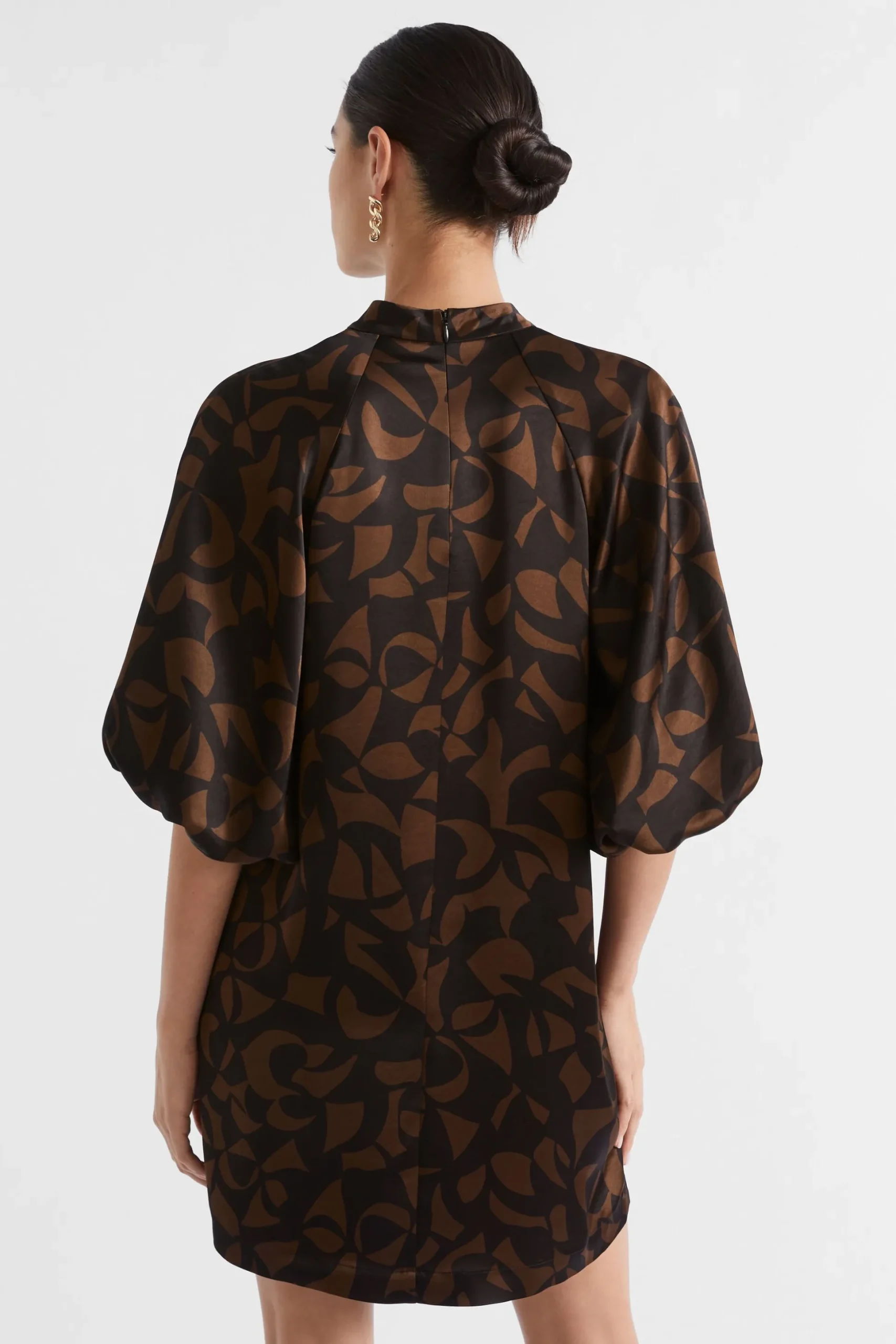 Seed Heritage Dresses-Abstract Mock Neck Mini Dress Hot Chocolate Abstract