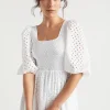 Seed Heritage Dresses-Broderie Shirred Midi Dress Whisper White