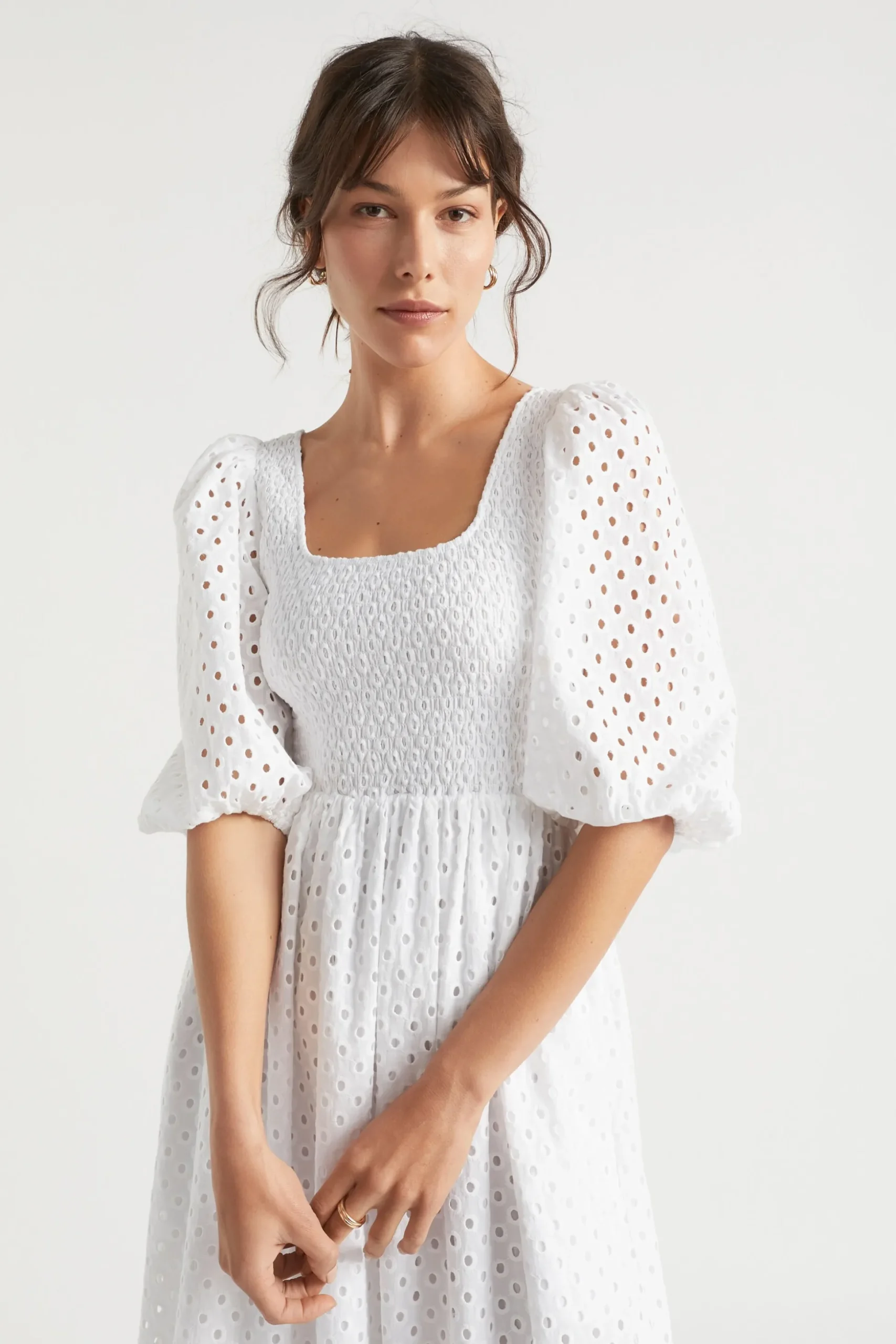 Seed Heritage Dresses-Broderie Shirred Midi Dress Whisper White