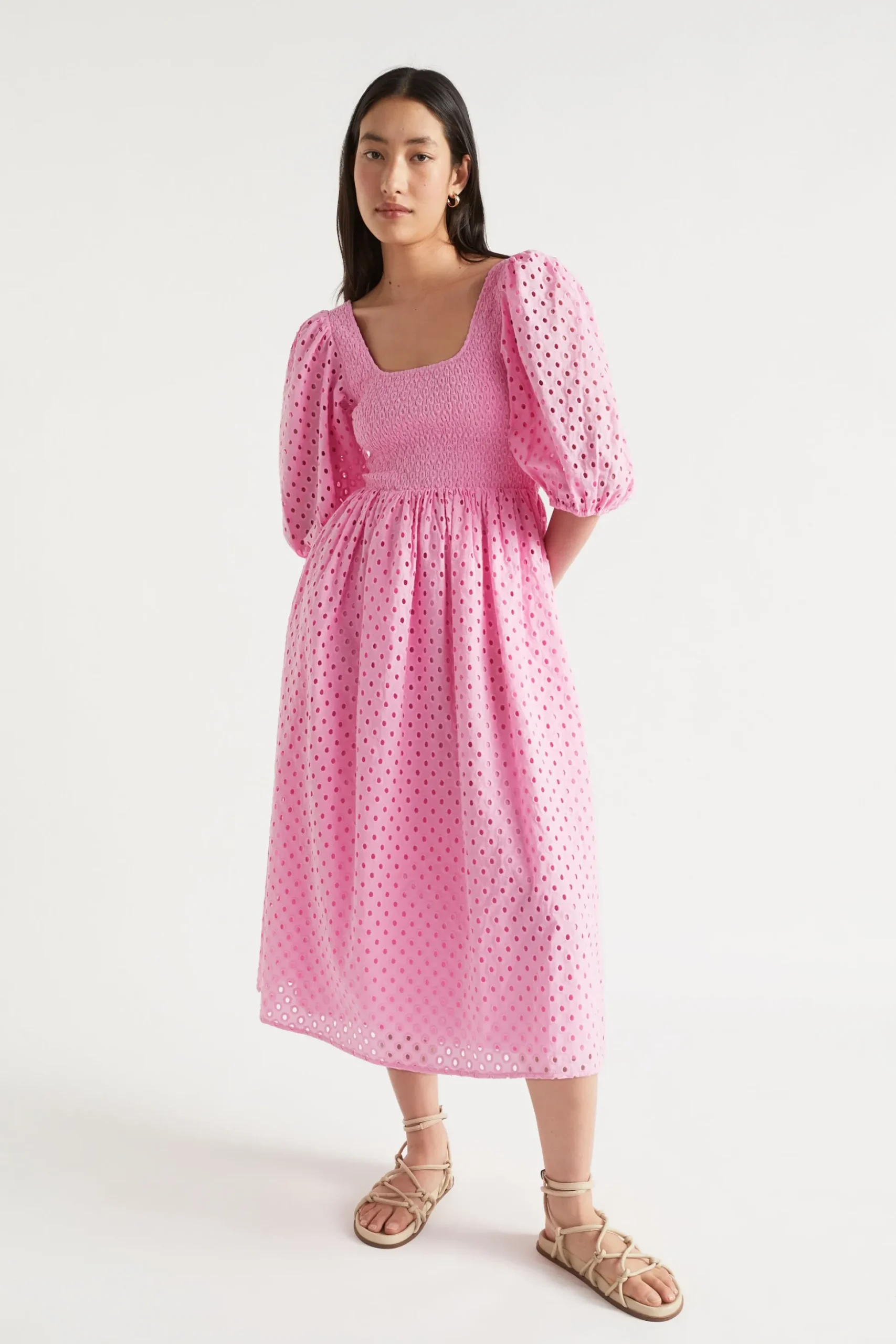 Seed Heritage Dresses-Broderie Shirred Midi Dress Soft Orchid