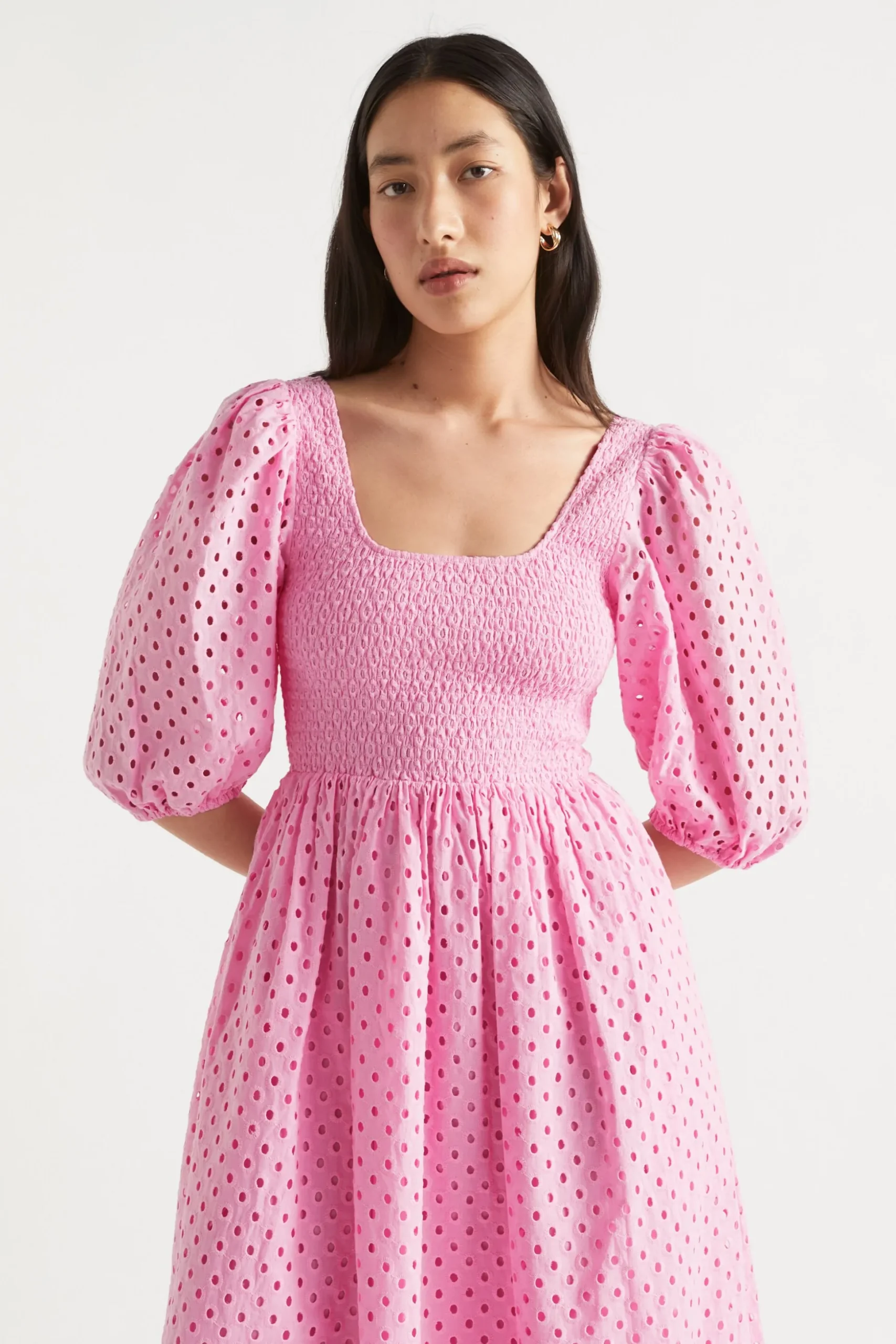 Seed Heritage Dresses-Broderie Shirred Midi Dress Soft Orchid