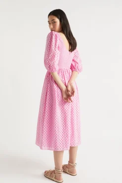 Seed Heritage Dresses-Broderie Shirred Midi Dress Soft Orchid