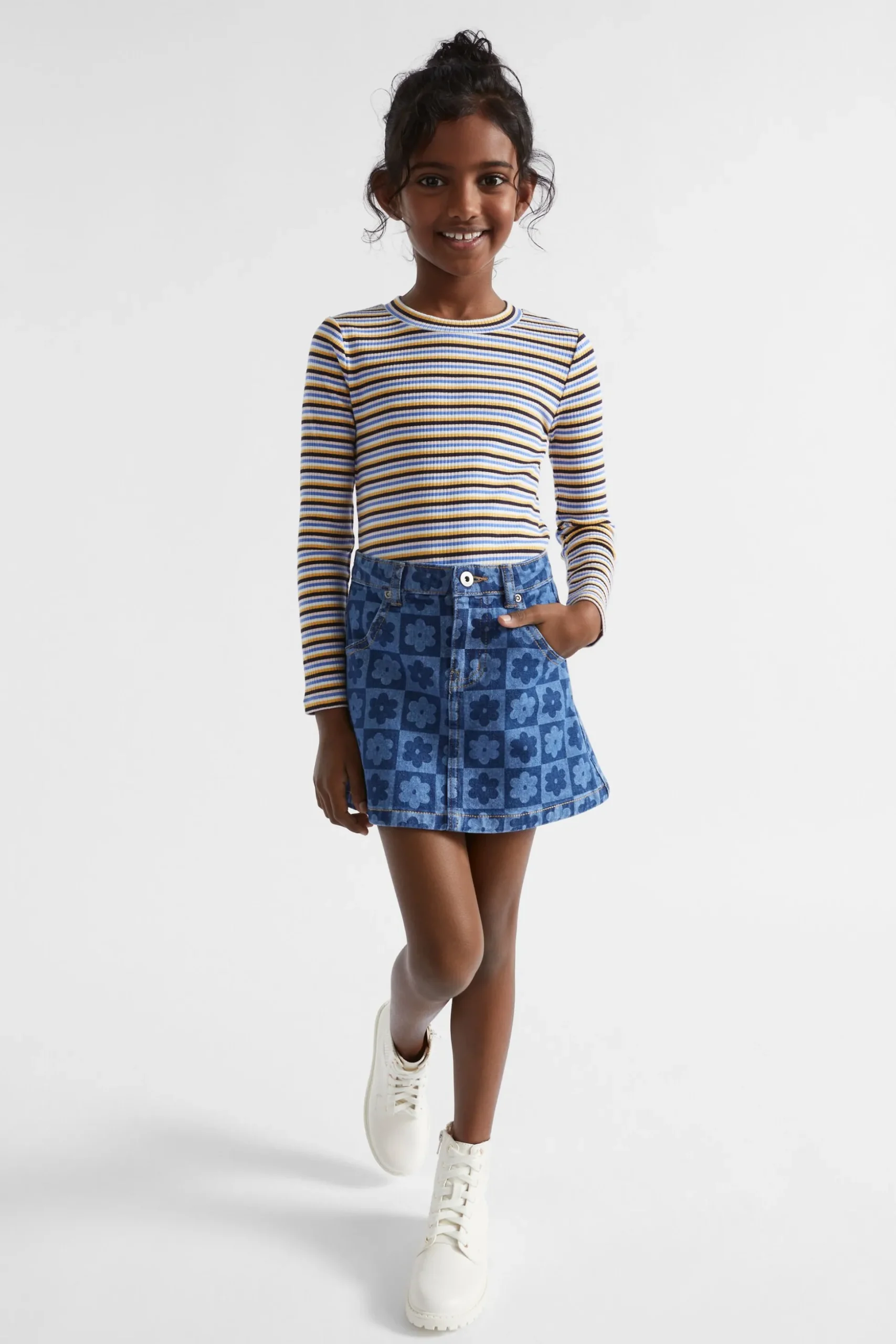 Seed Heritage Skirts-Checked Denim Skirt Indigo