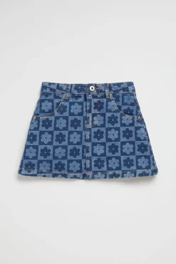Seed Heritage Skirts-Checked Denim Skirt Indigo