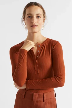 Seed Heritage T-Shirts & Tops-Core Rib Henley Top Burnt Brick