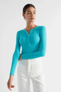 Seed Heritage T-Shirts & Tops-Core Rib Henley Top Peacock Blue