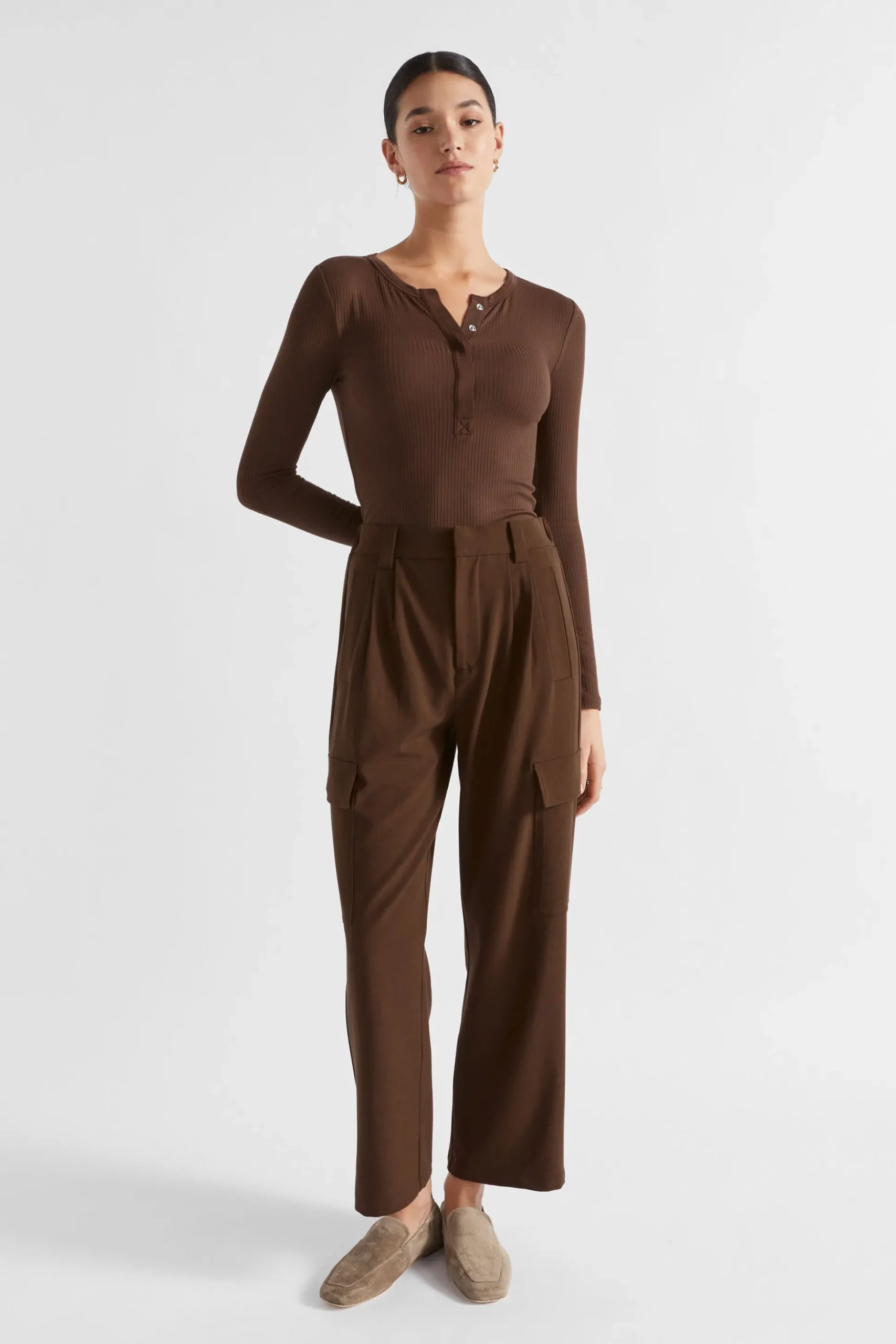 Seed Heritage T-Shirts & Tops-Core Rib Henley Top Hot Chocolate