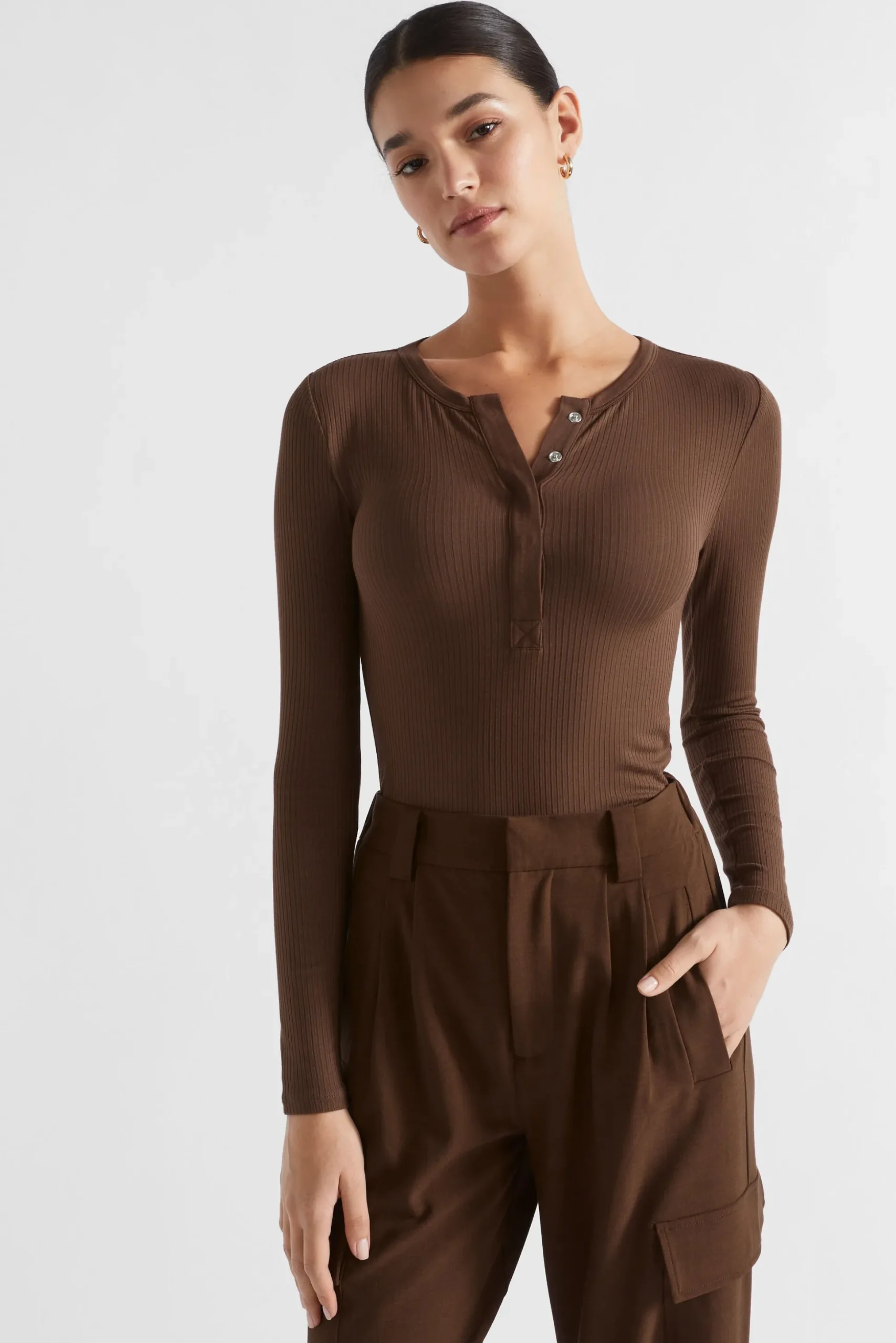 Seed Heritage T-Shirts & Tops-Core Rib Henley Top Hot Chocolate