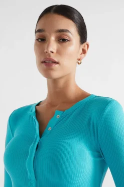 Seed Heritage T-Shirts & Tops-Core Rib Henley Top Peacock Blue