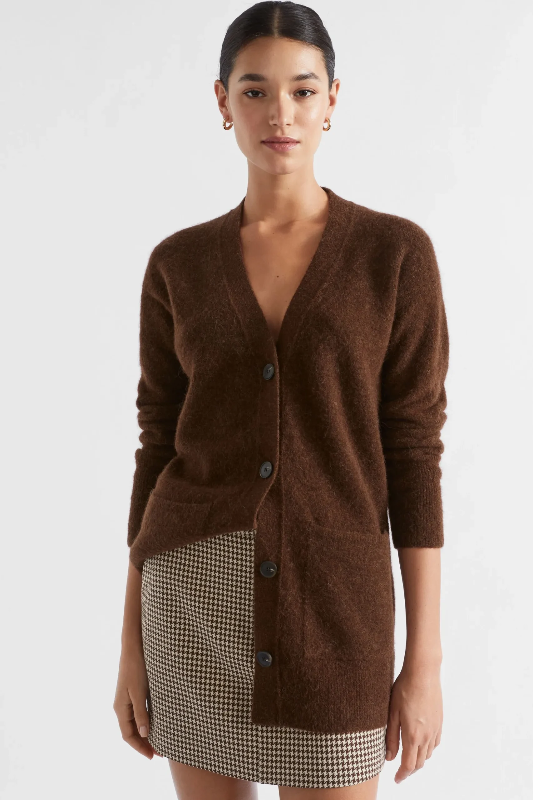 Seed Heritage Knitwear & Sweaters-Cosy Knit Mid Length Cardigan Hot Chocolate Marle
