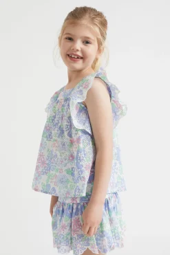 Seed Heritage T-Shirts & Tops-Cutwork Floral Top Baby Blue