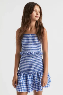 Seed Heritage Dresses-Gingham Frill Dress Cobalt Blue
