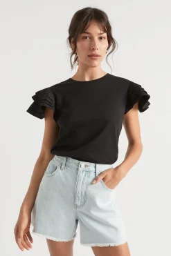 Seed Heritage T-Shirts & Tops-Layered Flutter Sleeve Tee Black