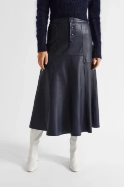 Seed Heritage Skirts-Leather Button Midi Skirt Midnight Sky