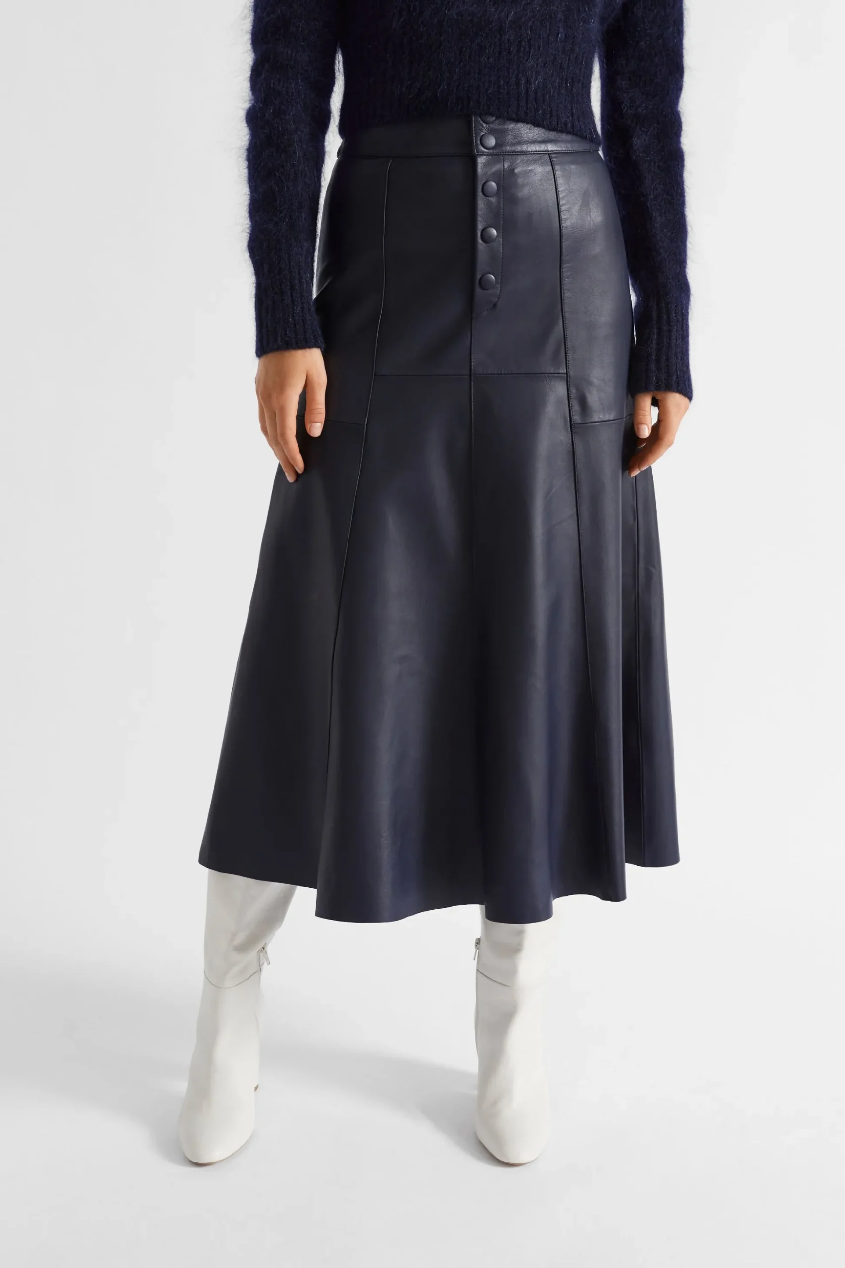 Seed Heritage Skirts-Leather Button Midi Skirt Midnight Sky