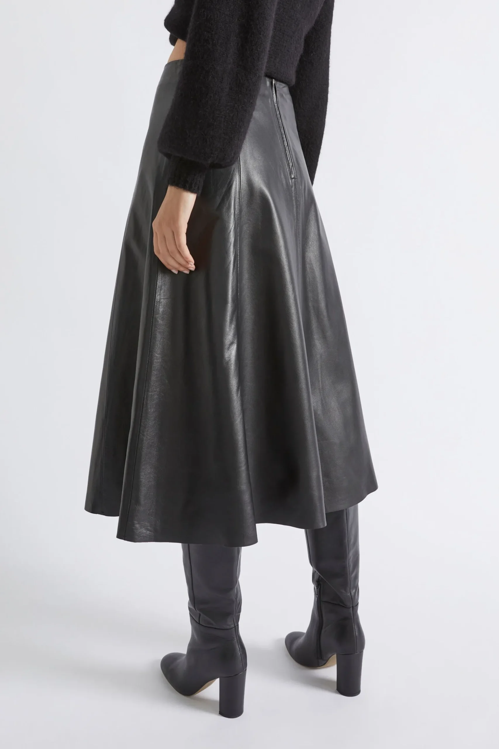 Seed Heritage Skirts-Leather Midi Circle Skirt Black
