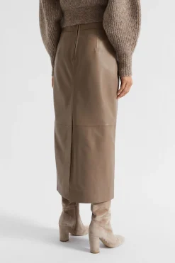 Seed Heritage Skirts-Leather Straight Midi Skirt Hazel