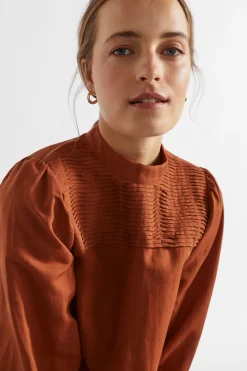 Seed Heritage T-Shirts & Tops-Linen Blend Pintuck Blouse Burnt Brick