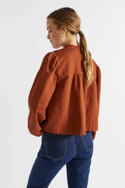 Seed Heritage T-Shirts & Tops-Linen Blend Pintuck Blouse Burnt Brick