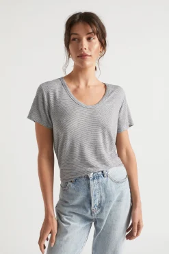 Seed Heritage T-Shirts & Tops-Linen Blend Stripe Tee Deep Navy Stripe