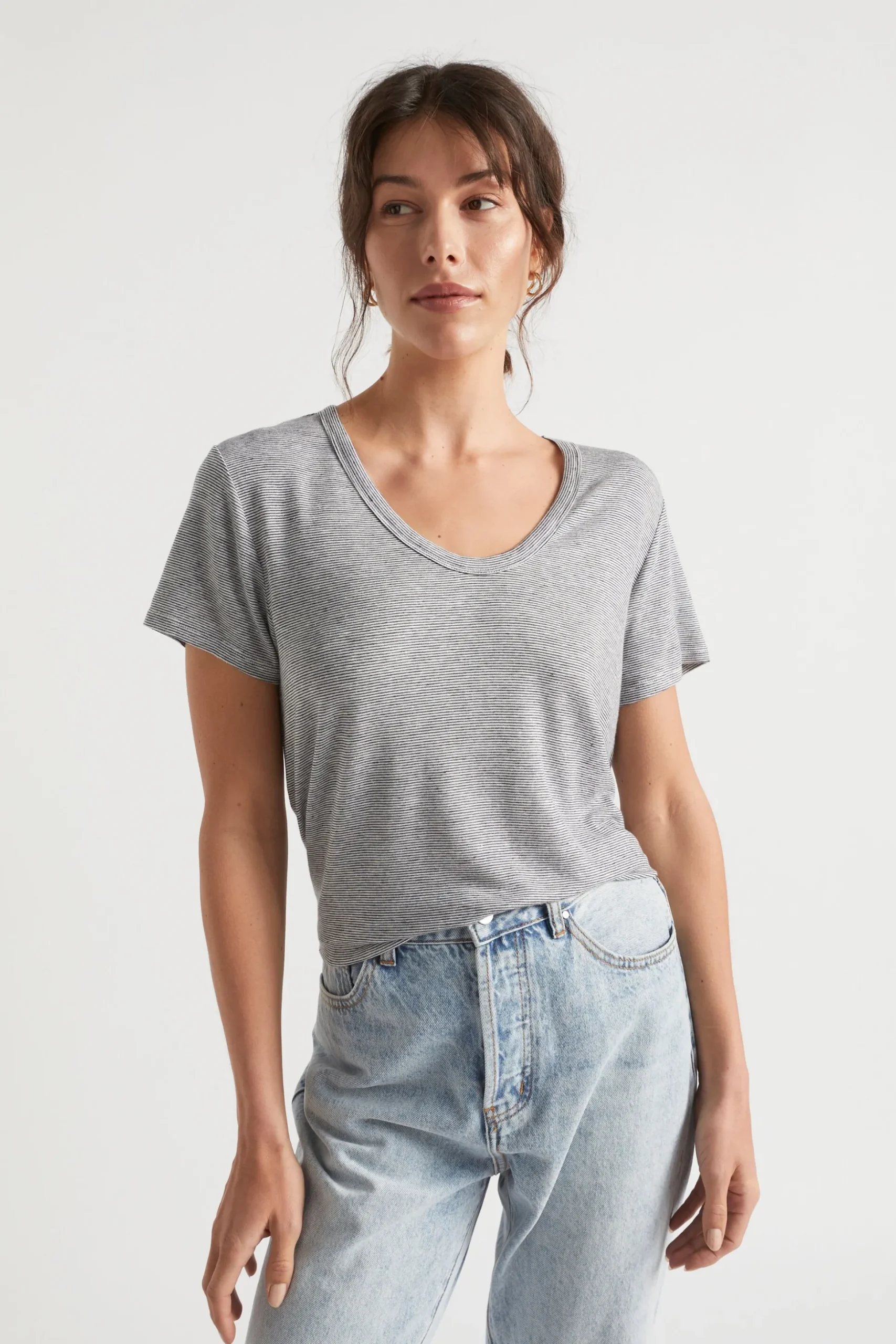 Seed Heritage T-Shirts & Tops-Linen Blend Stripe Tee Deep Navy Stripe