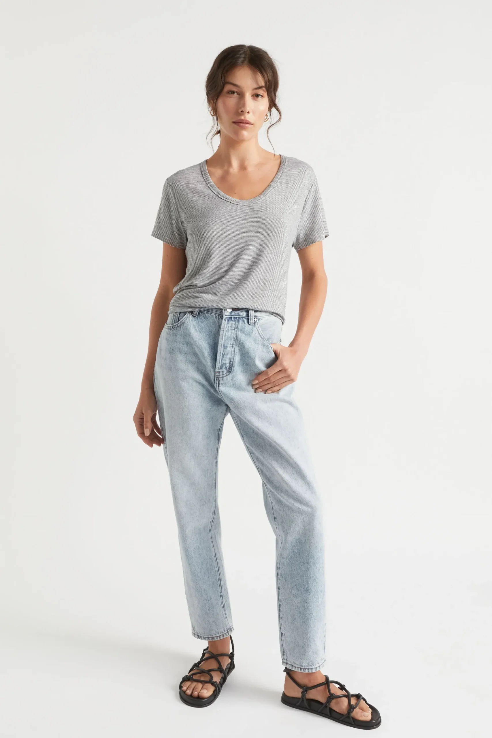 Seed Heritage T-Shirts & Tops-Linen Blend Stripe Tee Deep Navy Stripe