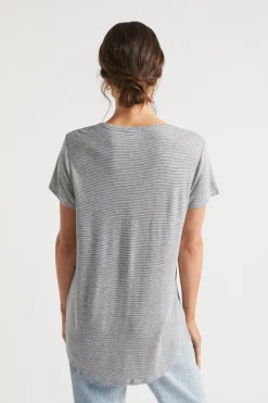 Seed Heritage T-Shirts & Tops-Linen Blend Stripe Tee Deep Navy Stripe