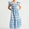 Seed Heritage Dresses-Linen Check Midi Dress Deep Navy Check