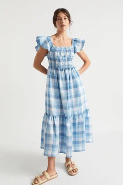 Seed Heritage Dresses-Linen Check Midi Dress Deep Navy Check