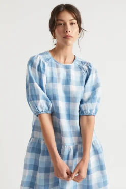 Seed Heritage Dresses-Linen Check Mini Dress Deep Navy Check