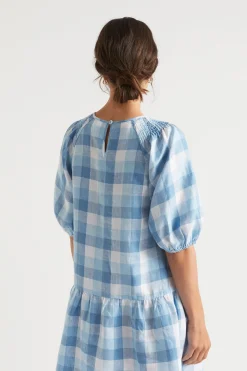 Seed Heritage Dresses-Linen Check Mini Dress Deep Navy Check