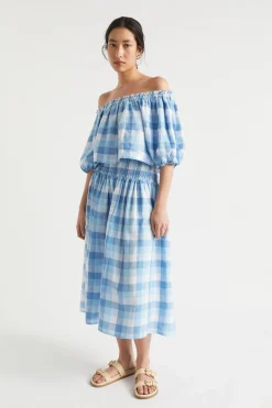 Seed Heritage Skirts-Linen Check Shirred Skirt Deep Navy Check