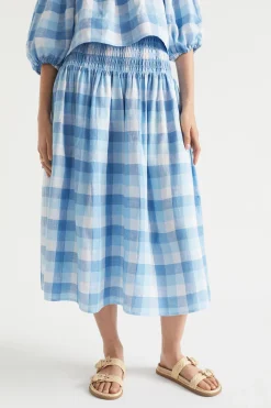 Seed Heritage Skirts-Linen Check Shirred Skirt Deep Navy Check