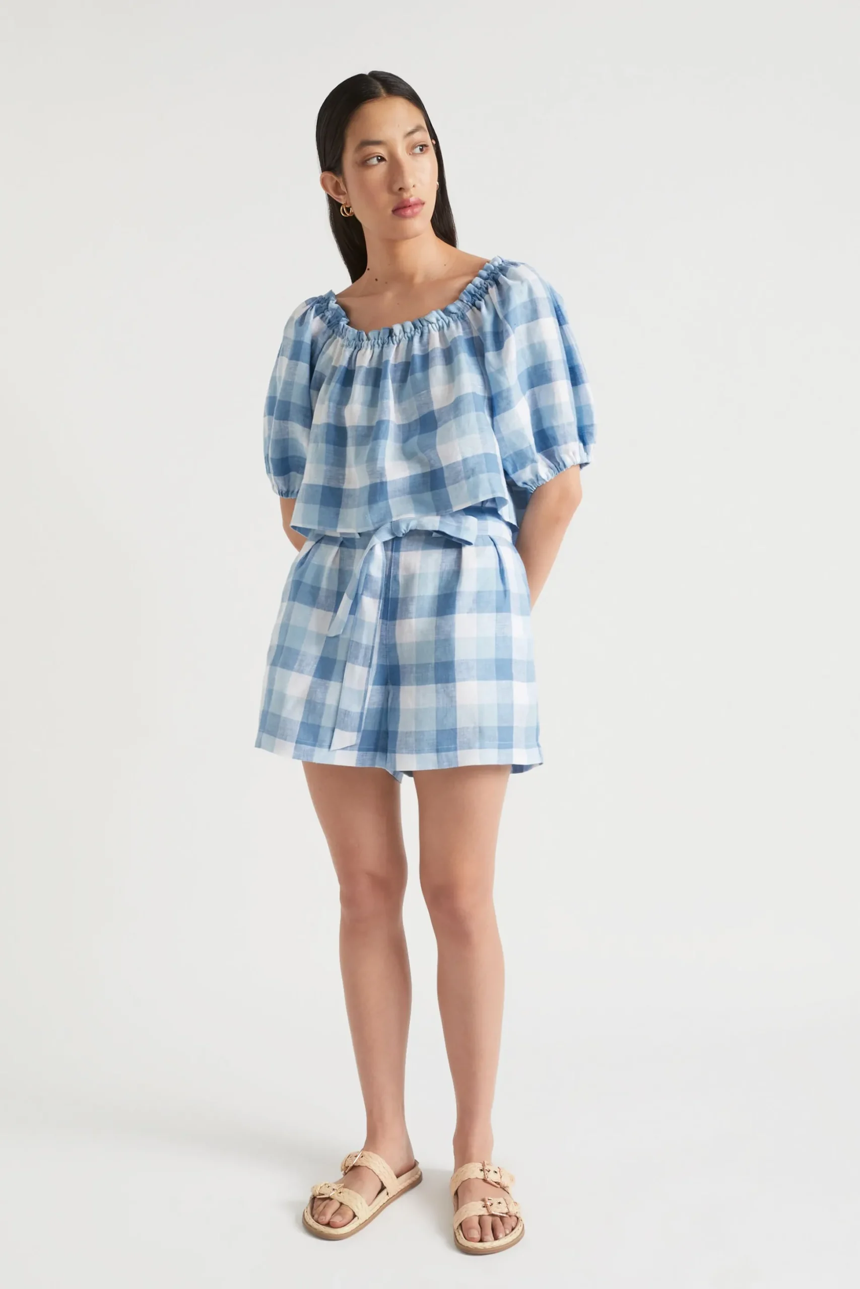 Seed Heritage T-Shirts & Tops-Linen Check Swing Top Deep Navy Check