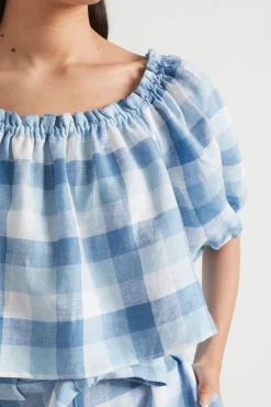 Seed Heritage T-Shirts & Tops-Linen Check Swing Top Deep Navy Check