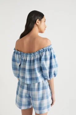 Seed Heritage T-Shirts & Tops-Linen Check Swing Top Deep Navy Check