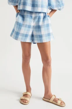Seed Heritage Shorts-Linen Check Tie Short Deep Navy Check