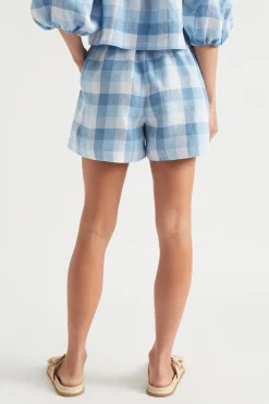Seed Heritage Shorts-Linen Check Tie Short Deep Navy Check
