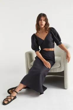 Seed Heritage Skirts-Linen Cross Front Skirt Deep Navy