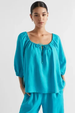 Seed Heritage T-Shirts & Tops-Linen Drawstring Top Peacock Blue
