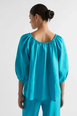 Seed Heritage T-Shirts & Tops-Linen Drawstring Top Peacock Blue