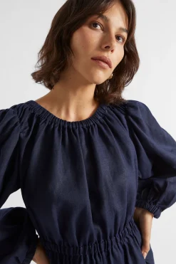 Seed Heritage Dresses-Linen Elasticated Mini Dress Midnight Sky