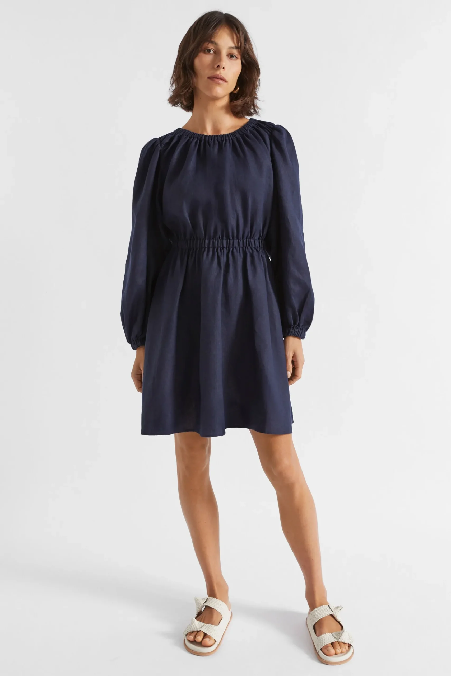 Seed Heritage Dresses-Linen Elasticated Mini Dress Midnight Sky