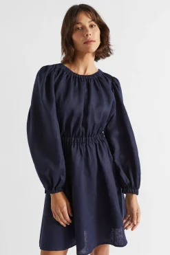 Seed Heritage Dresses-Linen Elasticated Mini Dress Midnight Sky