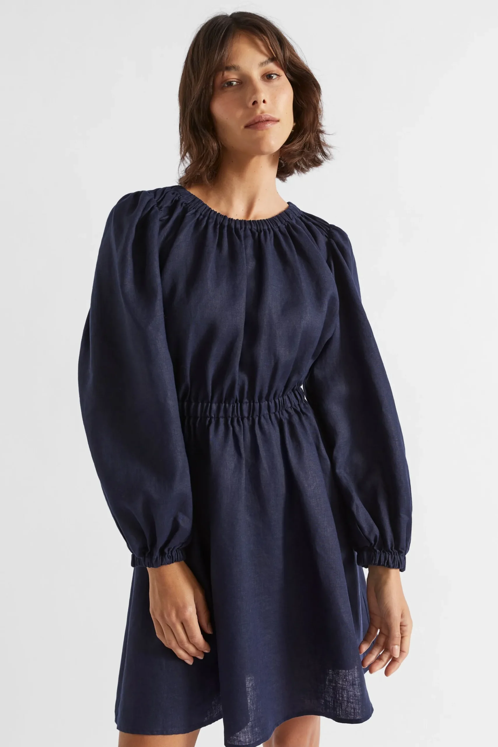 Seed Heritage Dresses-Linen Elasticated Mini Dress Midnight Sky