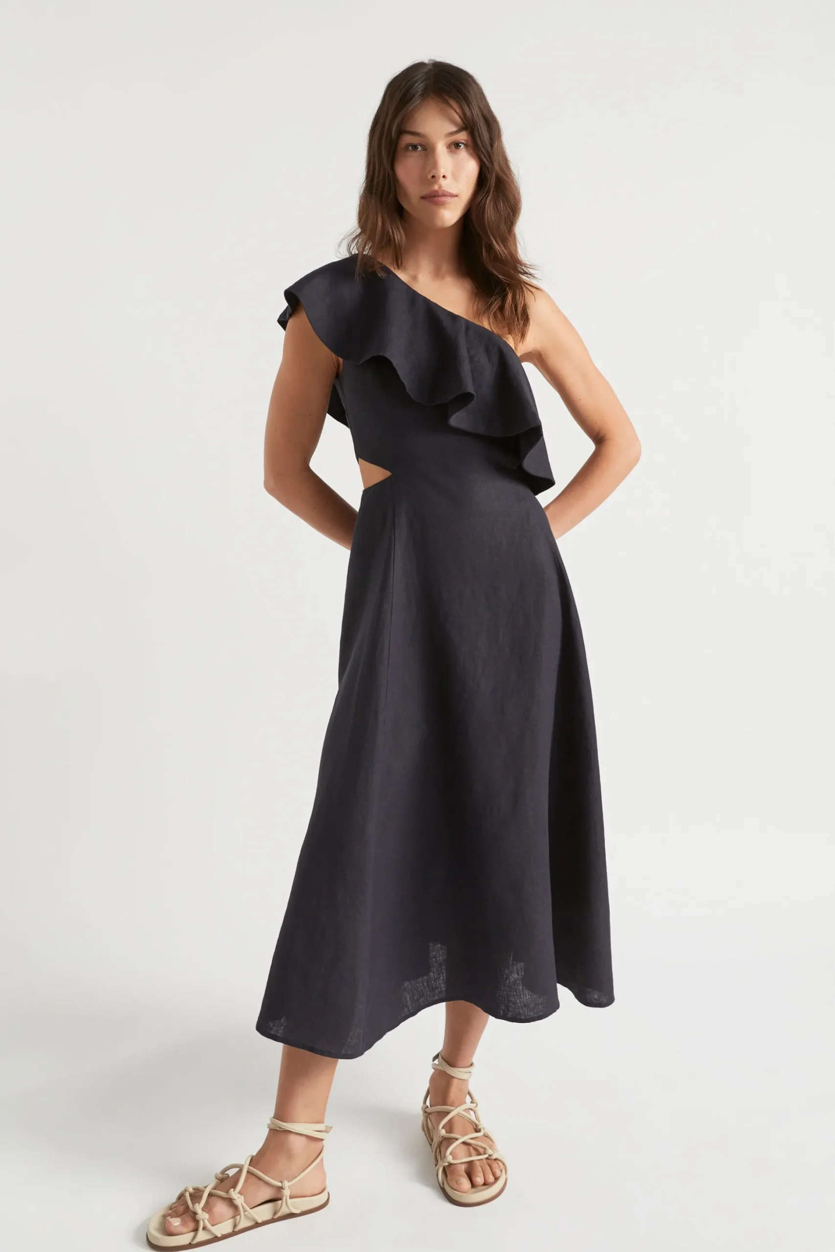 Seed Heritage Dresses-Linen Fitted One Shoulder Midi Dress Deep Navy
