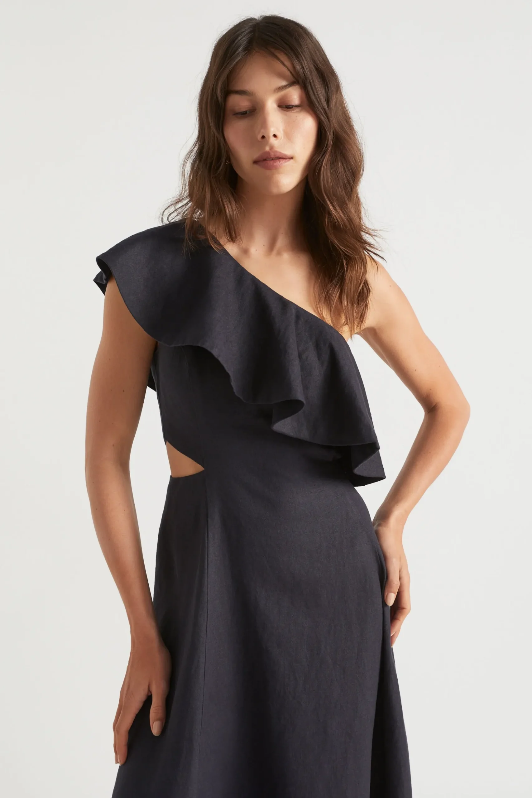 Seed Heritage Dresses-Linen Fitted One Shoulder Midi Dress Deep Navy